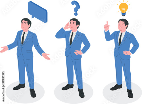 Business man thinking and finding solution, businessman with lightbulb idea and speech bubble, professional problem solving concept