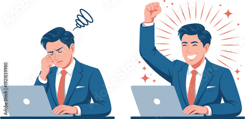 businessman frustration and success illustration showing emotional shift while working on laptop