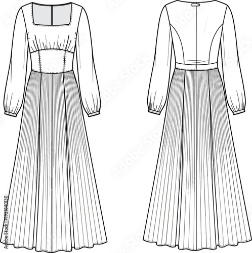 Technical fashion sketch of women square neck maxi dress with long puff sleeves and pleated skirt, cad drawing flat vector illustration.