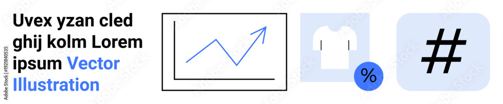 Fototapeta premium Line graph with upward trend, white T-shirt with discount badge, and bold metadata tag icon. Ideal for analytics, business growth, fashion retail, sales promotion, content strategy, social platforms
