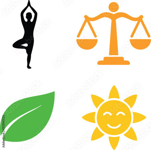 Sunny Yoga & Mindfulness Outline Icon Set  Poses, Nature, and Harmony