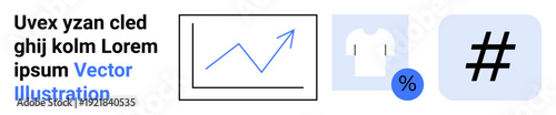 Line graph with upward trend, white T-shirt with discount badge, and bold metadata tag icon. Ideal for analytics, business growth, fashion retail, sales promotion, content strategy, social platforms