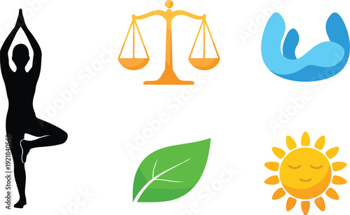 Sunny Yoga & Mindfulness Outline Icon Set  Poses, Nature, and Harmony