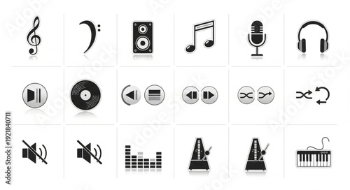 Collection of Music Icons and Symbols Representing Sound and Audio.