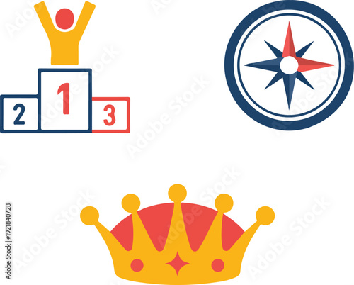 Stickers showing various icons related to achievement, guidance, family, and observation on a plain background