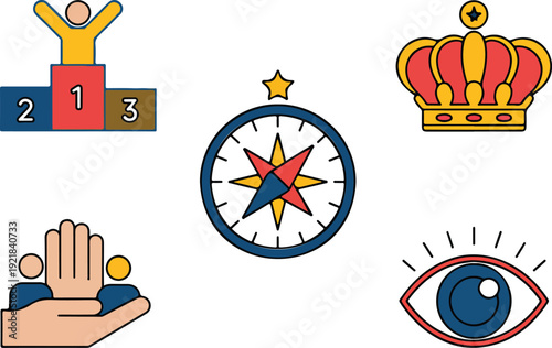 Stickers showing various icons related to achievement, guidance, family, and observation on a plain background
