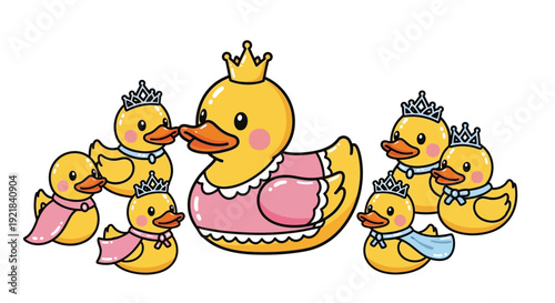 A cartoon illustration of a mother duck and her ducklings wearing crowns and diapers.