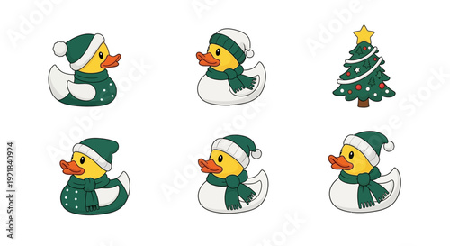 Set of cartoon ducks and Christmas tree in winter clothing.
