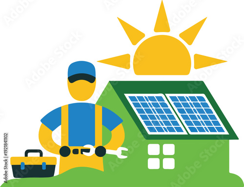 Solar Panel Installation Outline Illustration Technician Working on Rooftop in Daylight