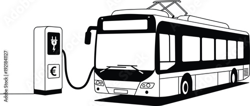 Electric bus charging at station, eco-friendly transportation, public transit vehicle with plug-in charger, clean energy solution for urban commuting