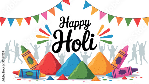 Vibrant holi celebration with colorful pyramids and flags