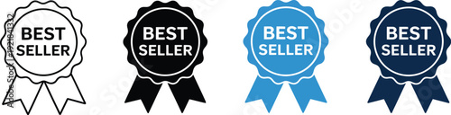 Best Seller Vector Badges Set, Outline Solid Black Blue And Dark Blue Variations, Award Emblem Icons Collection Isolated On White Background, Premium Quality Label Design For Marketing And Promotion.
