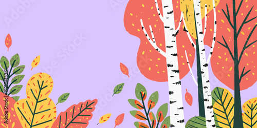 Stylized autumn forest illustration with birch trees and colorful foliage