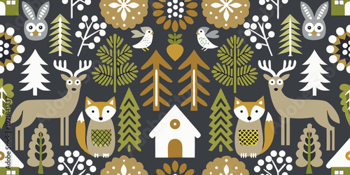 Whimsical forest pattern featuring deer foxes owls and winter foliage