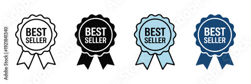 Best Seller Award Badge Collection, Outline And Solid Style Icons In Black Blue And Dark Blue, Premium Quality Emblems Isolated On White Background, Modern Vector Illustration For Product Promotion.