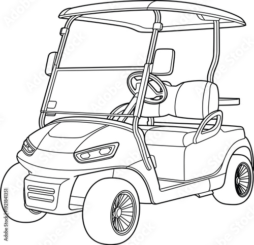 Electric golf cart vehicle, two-seater buggy, battery-powered transport, outdoor recreational car, compact golf buggy, utility ride, personal transport cart