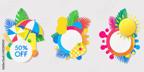 Tropical summer sale banners with colorful beach elements and discounts
