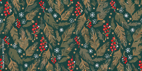 A festive repeating pattern of pine branches berries and snowflakes