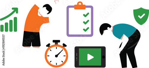 Fitness Training Outline Illustration  Stretching and Progress Monitoring Session