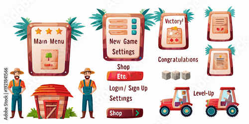 Colorful vector game user interface elements with farming theme illustrations