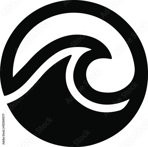 Black and white circular wave logo vector illustration, stylized abstract design featuring smooth curved crest enclosed in symmetrical circle