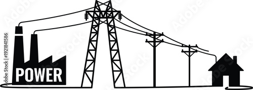 Electric power plant to home energy transmission illustration, power line distribution system, electricity supply network, black vector silhouette design