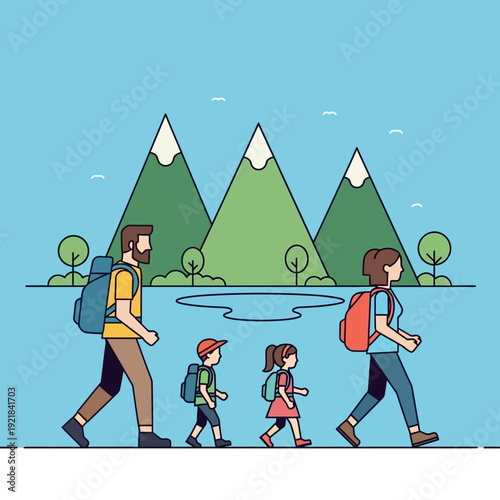 Family hiking in mountains with backpacks, enjoying nature and outdoor adventure.