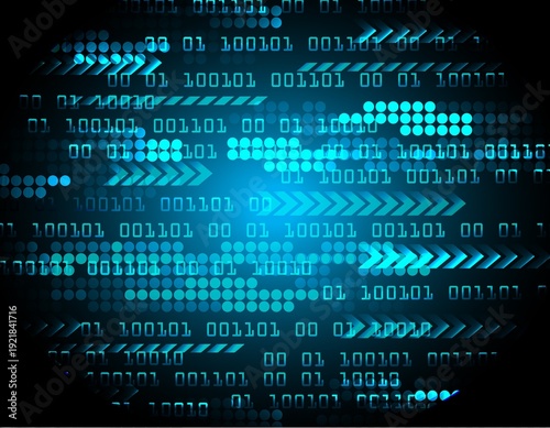 Obraz na płótnie A dynamic blue digital background featuring binary code, pixel patterns, and abstract arrows, representing data flow and technology.