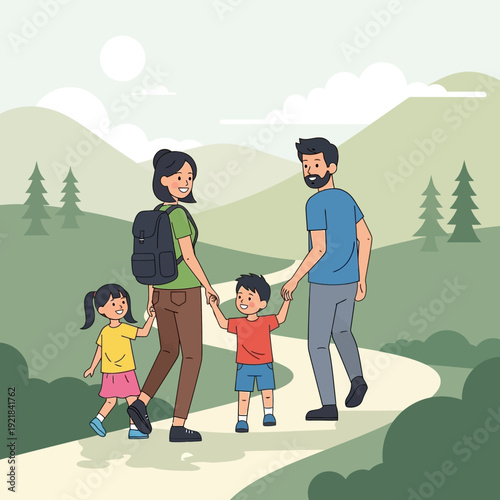 Family Hiking Adventure: Parents and Children Enjoying Nature Trail