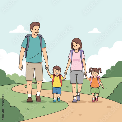 Family Hiking Adventure: Parents and Children Enjoying Nature Trail