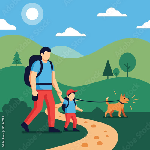 Father and child hiking with dog on scenic trail, enjoying nature and outdoor activity