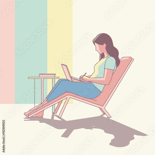 Woman working on laptop in lounge chair, pastel colors, remote work, freelance lifestyle