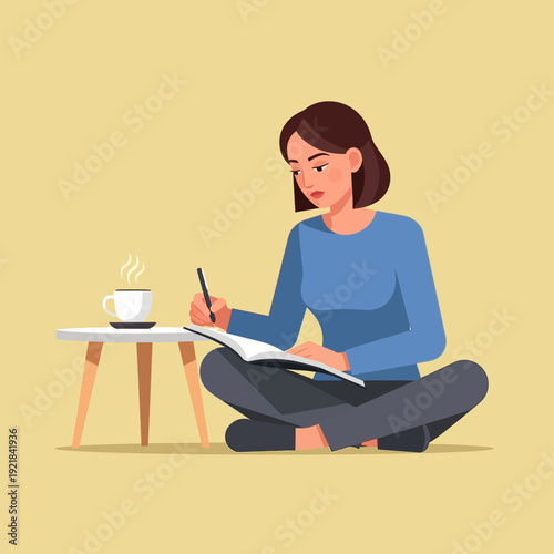 Woman writing in notebook with coffee cup, focused and creative at home