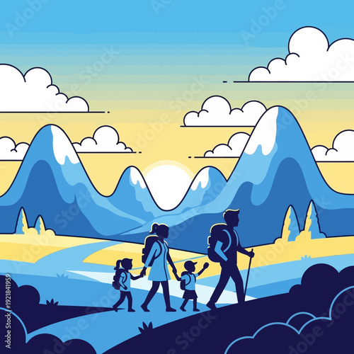 Family hiking in mountains at sunrise, adventure, nature, travel, healthy lifestyle