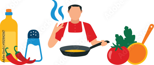 Chef Cooking Outline Illustration  Fresh Ingredients in Kitchen