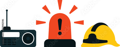 Emergency Alert Flat Icon Set  Siren, Radio, Lantern