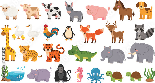 Cute animal set with farm, wild and jungle cartoon characters