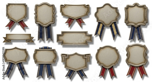 Collection of vintage award ribbons and badges with blank space for text.