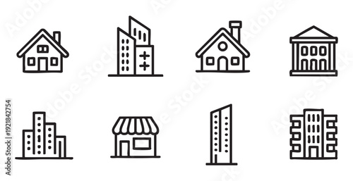 Minimalist hand drawn building icons for real estate projects and urban planning concepts set collection