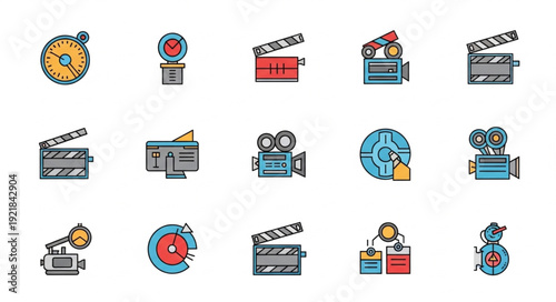 Collection of vintage and modern film making icons and symbols.
