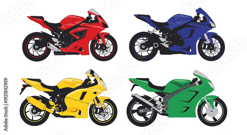 Flat vector collection of sport and classic motorcycles in side view featuring racing, retro and naked motorbike designs isolated on white background, transportation vehicle set illustration