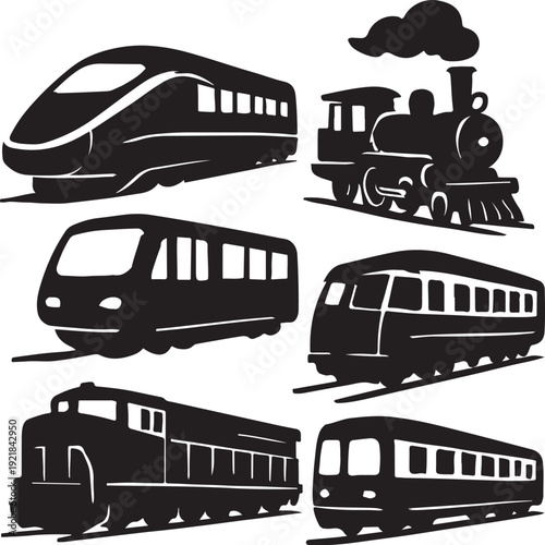 Collection of Various Train Silhouettes on Tracks Transportation Concept