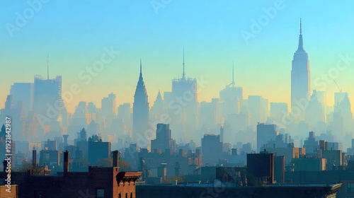 Foggy New York City skyline at dawn