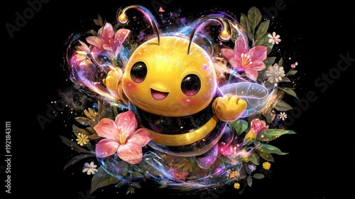 Cute bee surrounded by vibrant flowers and swirling light