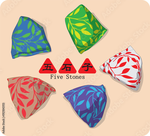 Five Stones is a traditional S.E. Asian game played with five small beanbags. Players toss and catch them in sequences, enhancing dexterity, focus and hand-eye coordination. 