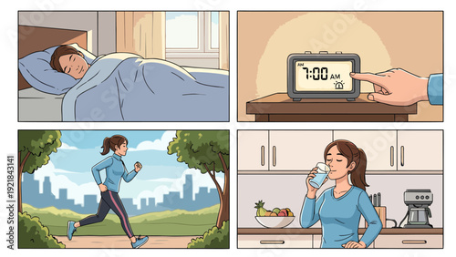 Healthy Daily Routine Infographic Storyboard with Character Waking Up, Exercising, Jogging in the Park, and Drinking Water, Lifestyle Habits Vector Illustration