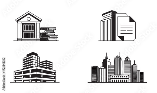 Courthouse and legal document icons with multistory parking garage and metropolitan skyline images