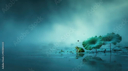 Misty pond, frog, lotus leaf