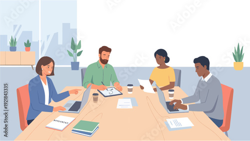 Diverse Business Team Meeting and Brainstorming in Modern Office, Professionals Collaborating at Desk with Laptops, Flat Character Vector Illustration Concept