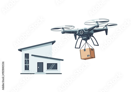 Delivery Drone Carrying Package Near Modern House, Vector Illustration